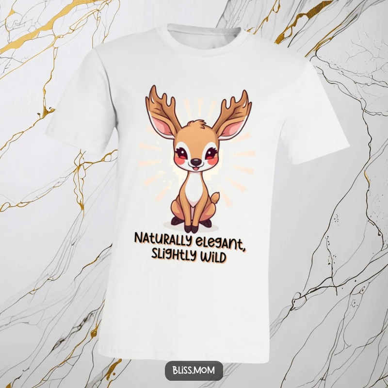 Funny deer mom t-shirt showcasing a radiant doe in a graceful, happy pose, embodying maternal elegance and joy.