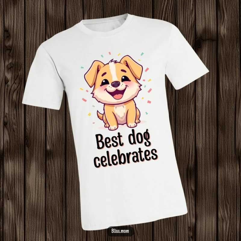 Funny t-shirt with a happy dog character with a beaming smile, surrounded by colorful confetti, showcasing pure canine celebration.