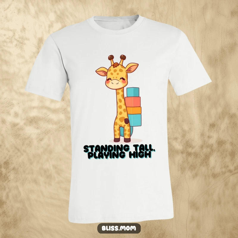 Funny giraffe mom t-shirt featuring a giggling mother giraffe happily balancing colorful blocks, a symbol of fun.