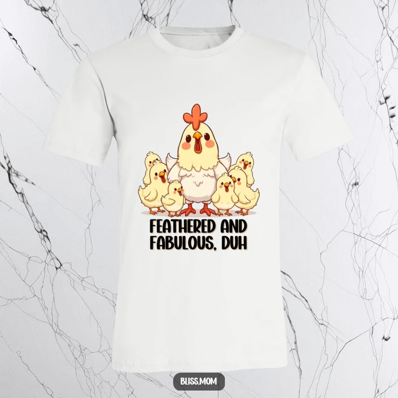 Funny hen mom t-shirt with a delighted mother hen surrounded by clucking, happy chicks, celebrating family.