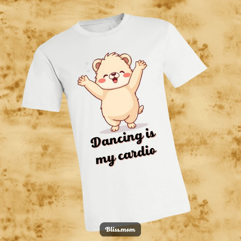 Funny T-Shirt: A fluffy animal enthusiastically jigs with arms raised high, embodying spontaneous, hilarious joy.