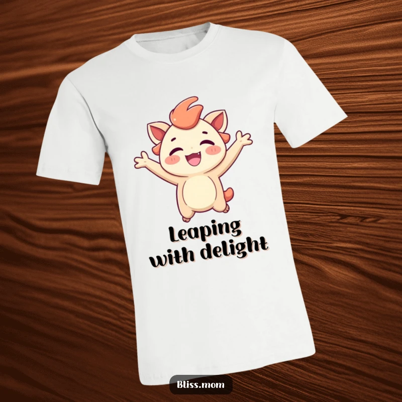 Funny t-shirt featuring a creature leaping high with carefree abandon and a radiant smile, embodying pure excitement.