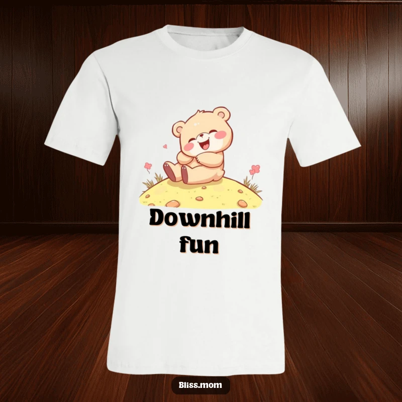 Funny kawaii bear cub giggling with abandon while rolling down a green hill, on a soft cotton t-shirt, conveying pure joy.