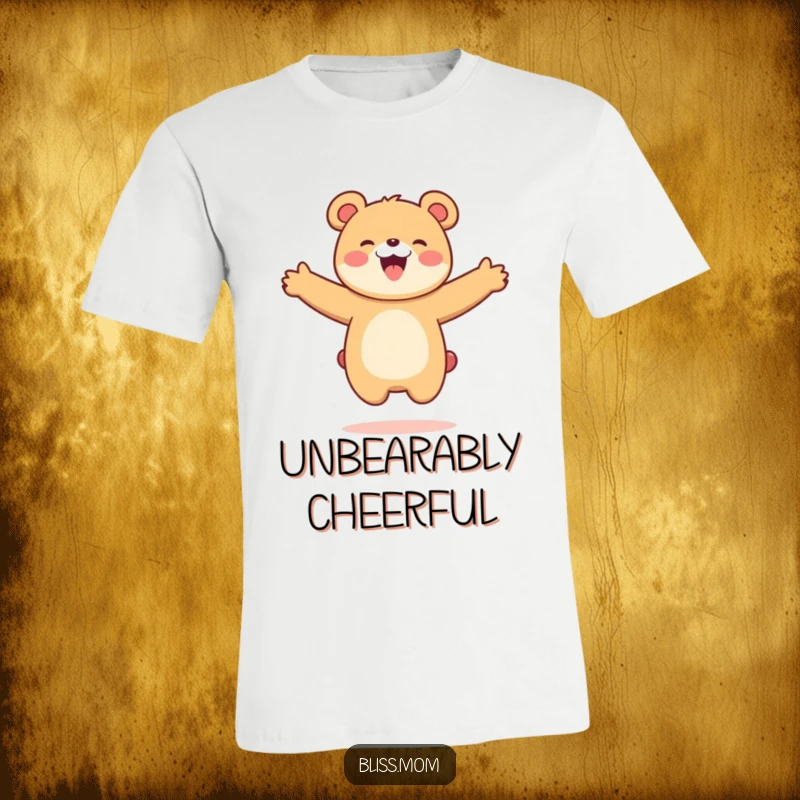 Funny Kawaii Bear Mom T-Shirt: A jubilant bear mom leaps with arms outstretched. Capturing hilarious, bouncy bear-themed energy.