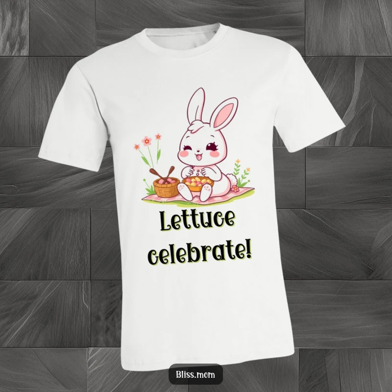 Funny Kawaii Bunny Mom T-Shirt: A happy bunny mom smiles brightly during a picnic. Capturing adorable, humorous bunny vibes.