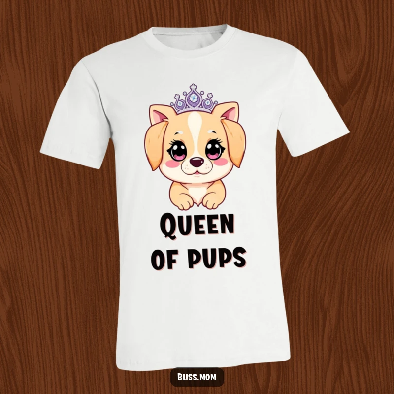 Funny Kawaii Dog Mom T-Shirt: A dog mom beams with sparkling eyes under a glittering tiara. Joyful and queenly canine admiration.