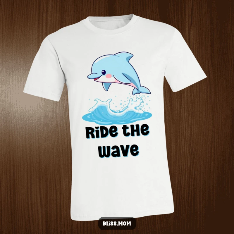 Funny Kawaii Dolphin Mom T-Shirt, leaping playfully from a sparkling water wave, showcasing energetic fun and ocean delight.