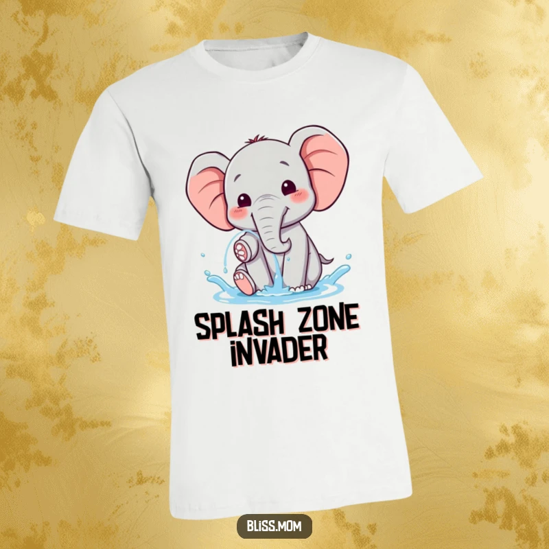 Funny happy kawaii elephant spraying a stream of water with visible delight, featured on a soft cotton t-shirt.