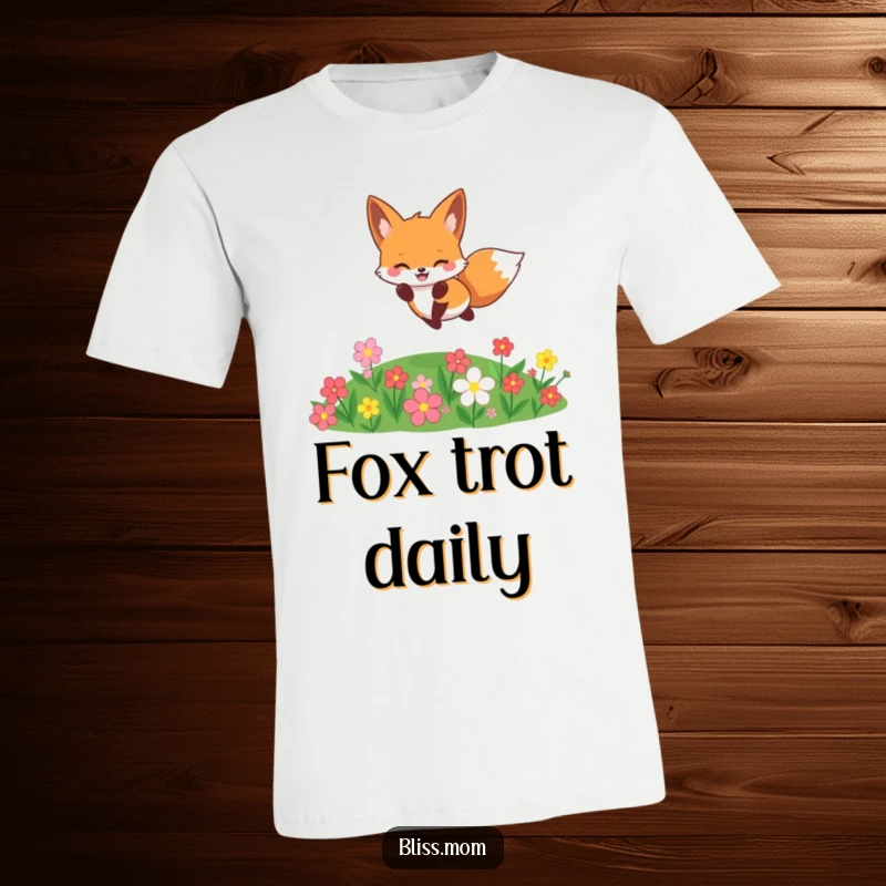 Funny cheerful kawaii fox jumping over flowers, playful woodland creature tee, perfect funny gift for nature lovers.