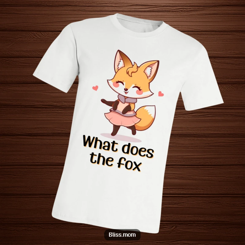 Funny Kawaii Fox Mom T-Shirt: A happy fox mom twirls elegantly. Capturing adorable, humorous fox-like grace.