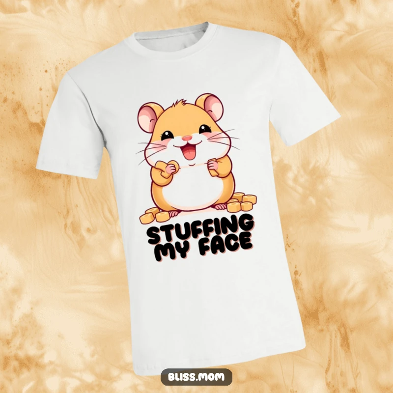 Funny delighted kawaii hamster stuffing cheeks with treats, cute rodent t-shirt, perfect funny gift for snack enthusiasts.