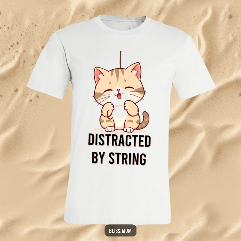 Funny t-shirt: a kawaii mama cat playfully batting at a dangling string, exuding cuteness and feline fun.
