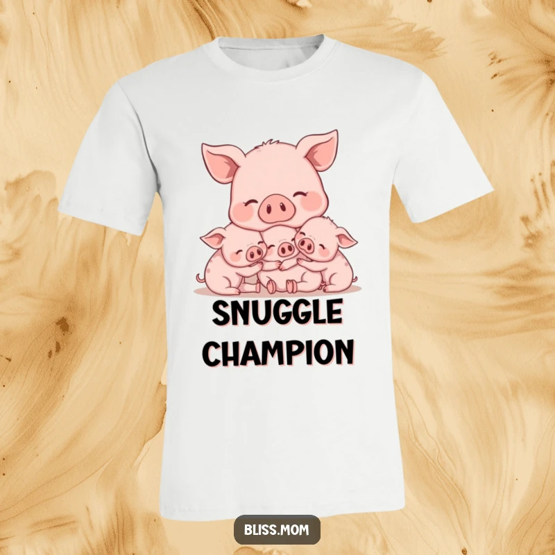Funny Mama Pig T-Shirt, depicting a contented mama pig snuggling closely with her cute piglets, perfect for moms. A fun gift.
