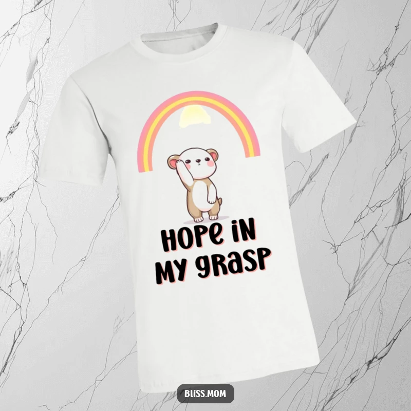 Funny t-shirt with an animal reaching upwards towards a colorful, vibrant rainbow, representing hope, dreams, and positive aspirations.