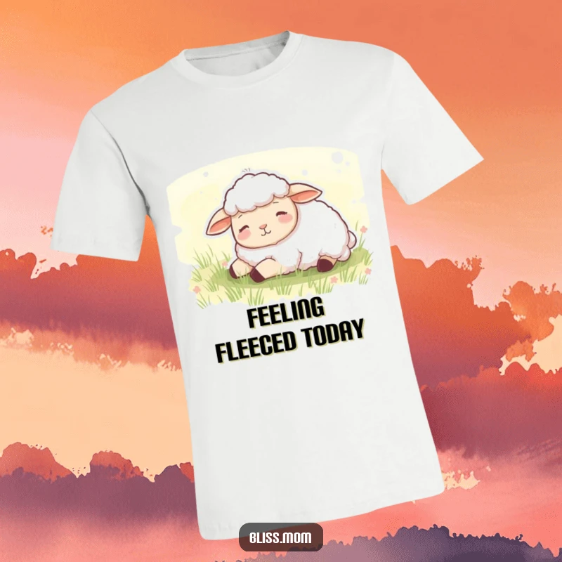 Funny T-shirt showcasing a content sheep peacefully dozing in a soft, green meadow, radiating calm and serenity.