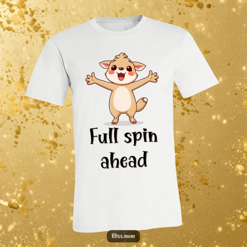 Funny t-shirt with a joyful animal character mid-twirl, arms wide open in a celebratory pose, conveying pure happiness and fun.