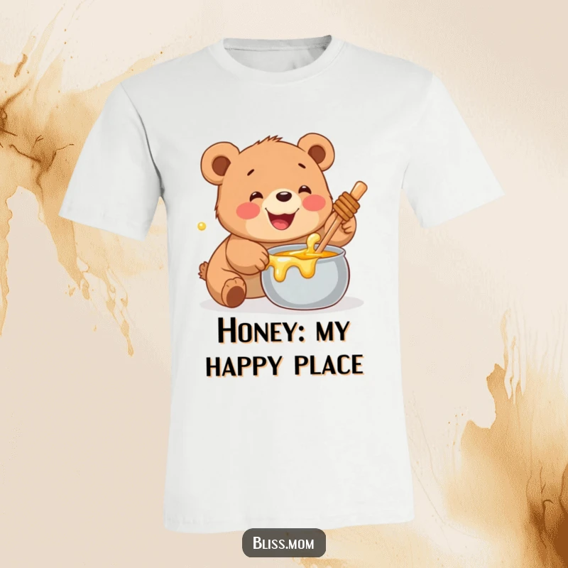 Funny Bear Cub T-Shirt: Depicts a joyful bear cub ecstatically reaching for a delicious pot of honey.