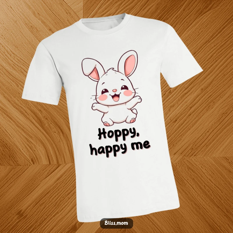 Funny joyful kawaii bunny with floppy ears bouncing excitedly, cute rabbit t-shirt, perfect funny gift for happy people.