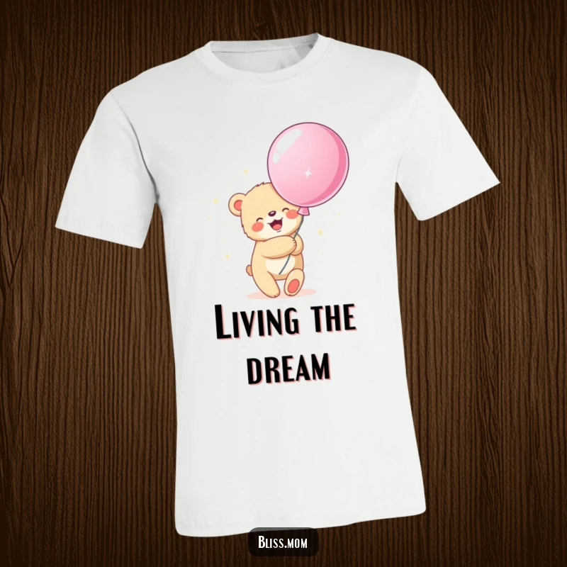 Funny t-shirt with a happy bear cub embracing a giant, sparkly balloon, radiating pure joy and childlike wonder.