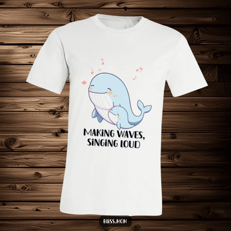 Funny whale mom t-shirt with a blissful mother whale singing a joyous melody alongside her calf, symbolizing harmony.