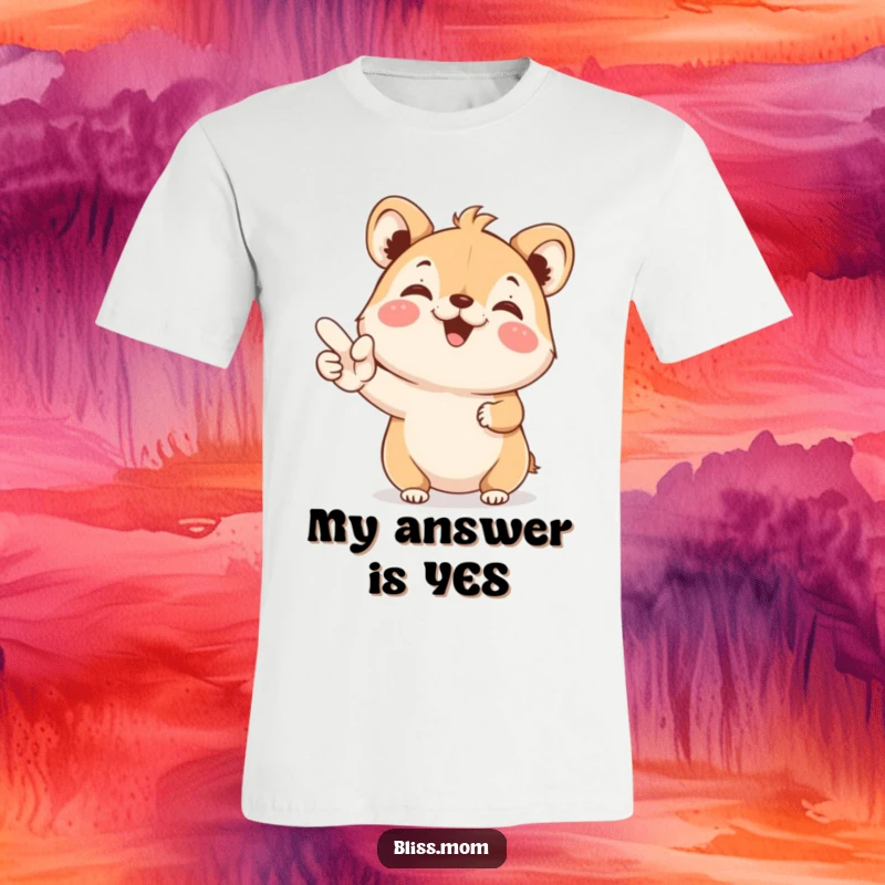 Funny T-Shirt: A small, joyful animal is beaming while holding a large YES sign, representing enthusiasm.