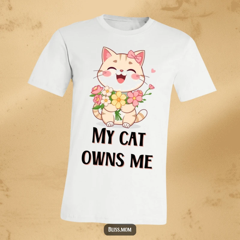 Funny Kawaii Cat Mom T-Shirt: A giggling cat mom joyfully holds a beautiful flower bouquet. Capturing hilarious feline-themed happiness and floral charm.
