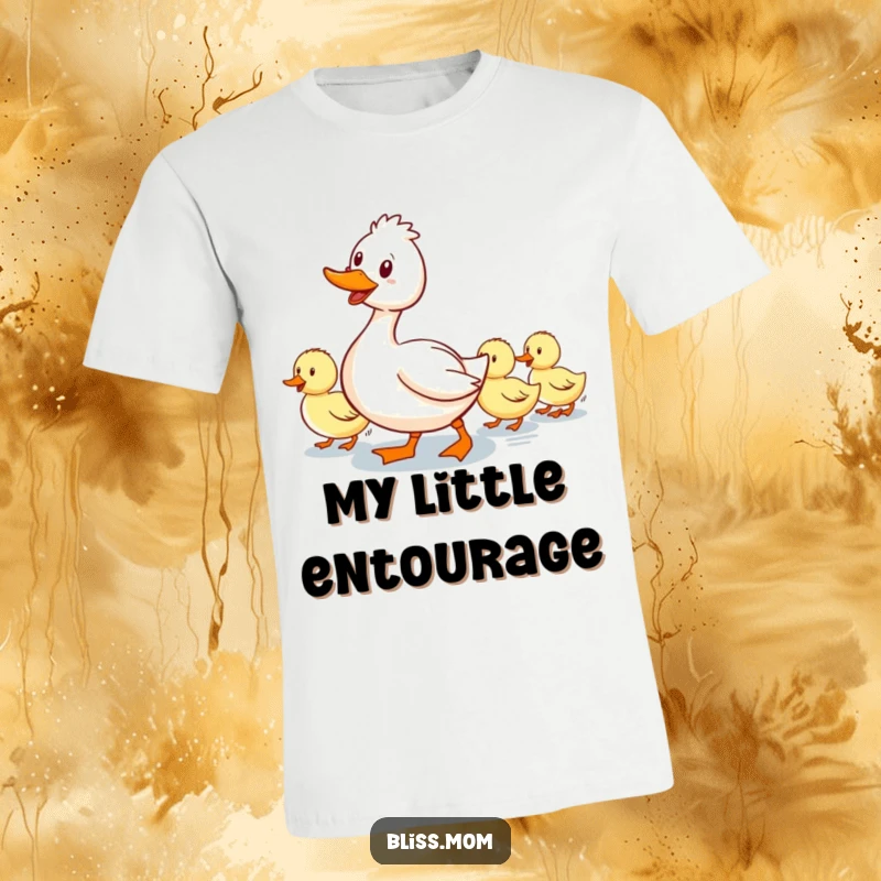 Funny t-shirt: a smiling mama duck waddling with a happy line of ducklings following, representing nurturing and leadership.