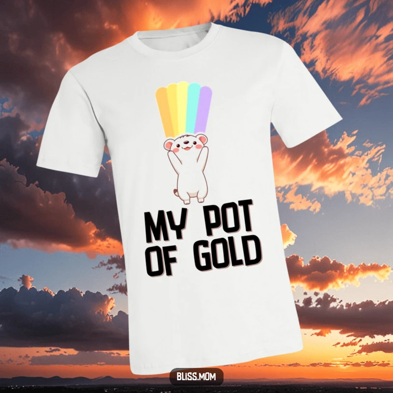 Funny animal t-shirt reaching upwards towards a vibrant, colorful rainbow, embodying dreams and hopeful aspirations.