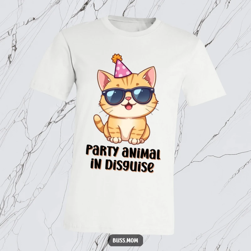 Funny t-shirt with a giggling cat sporting cool sunglasses and a party hat, radiating fun and party vibes instantly.