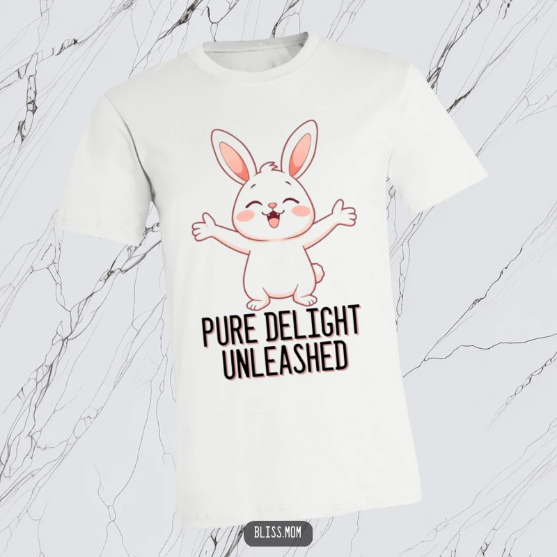 Funny t-shirt showcasing a cute bunny with arms outstretched wide, radiating pure delight and eagerness for a loving embrace.