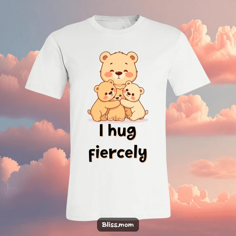A radiating mama bear giving a warm hug to her cubs, illustrated on a comfortable t-shirt, symbolizing strong maternal bonds.