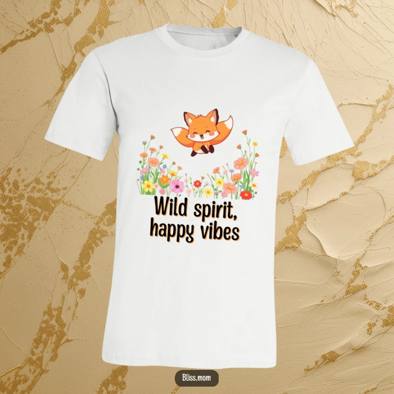 Funny T-shirt showcasing a gleeful fox joyfully leaping amidst a colorful meadow of wildflowers, embodying freedom and happiness.
