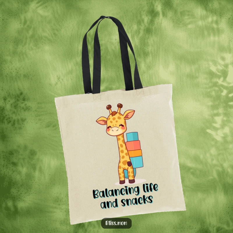 Funny giraffe mom tote bag showcasing a giggling mother giraffe balancing colorful blocks, practical and fun.