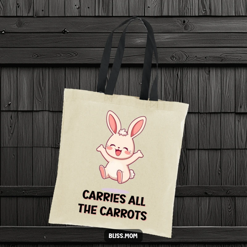 Funny Kawaii Mama Bunny Tote Bag, shown bouncing with delight, ideal for carrying groceries or essentials with adorable style. A fun gift.