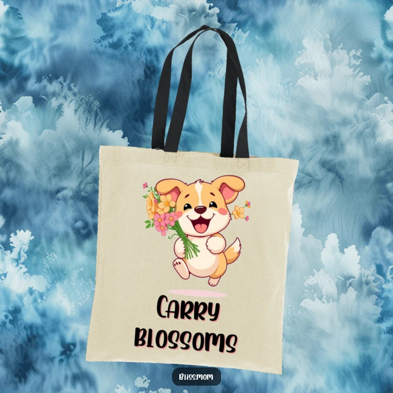 Funny Dog Flower Tote Bag: Happy dog bounds with a bouquet of flowers, perfect for carrying essentials with joy. A cute and funny gift.
