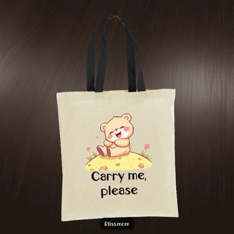 Funny kawaii bear cub giggling while rolling down a hill, on a durable tote bag, adding a touch of playful joy.