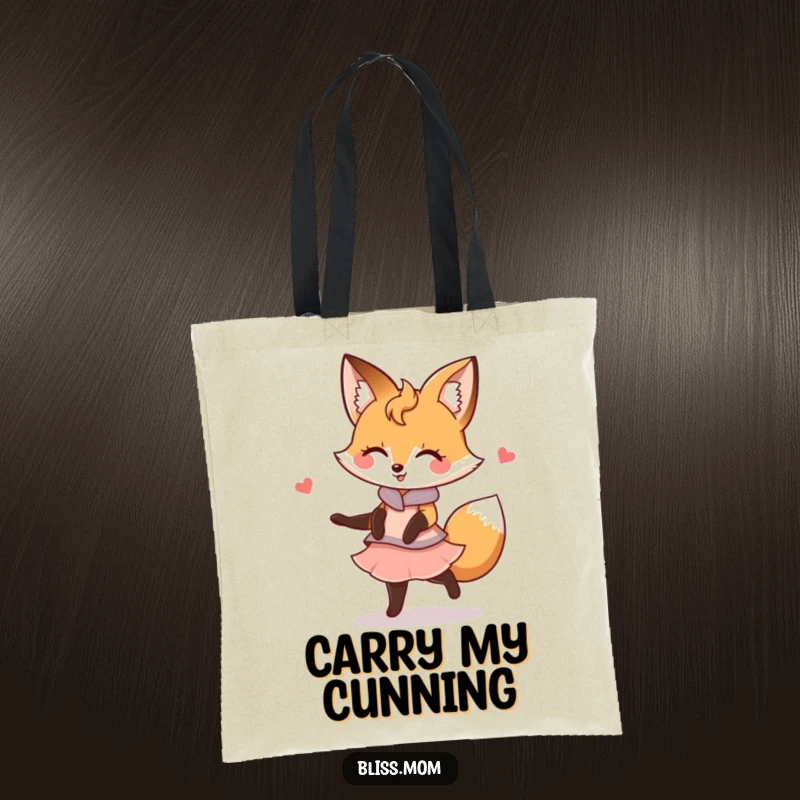 Funny Kawaii Fox Mom Tote Bag: A fox mom twirls gracefully with a smile. Ideal for errands, this tote brings fox humor.