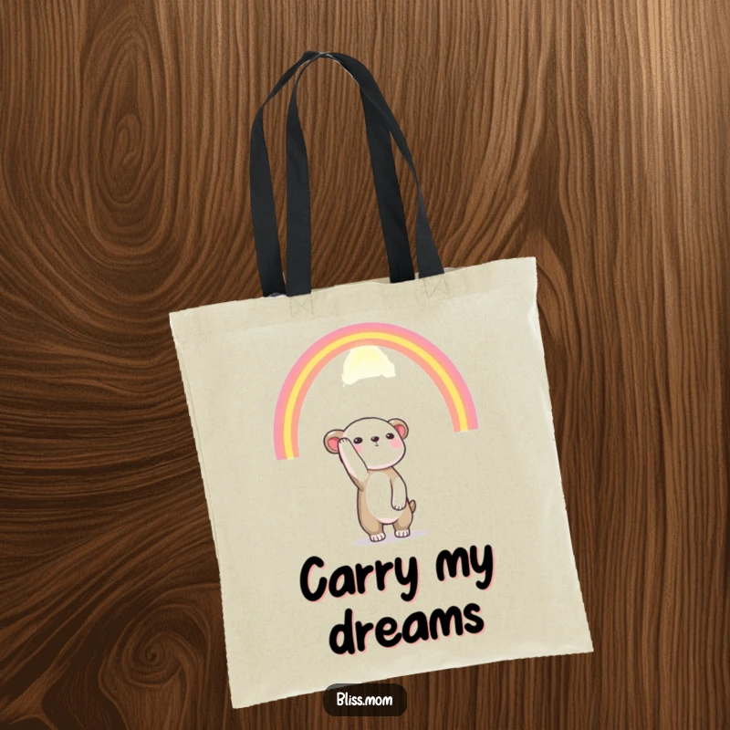 Funny tote bag with an animal reaching towards a colorful rainbow, symbolizing hope and dreams, perfect for carrying essentials with inspiration.