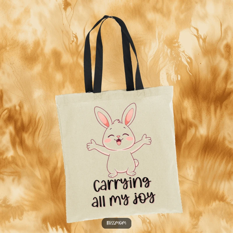 Funny tote bag with a cute bunny spreading its arms wide, symbolizing pure delight and a welcoming, cheerful embrace.