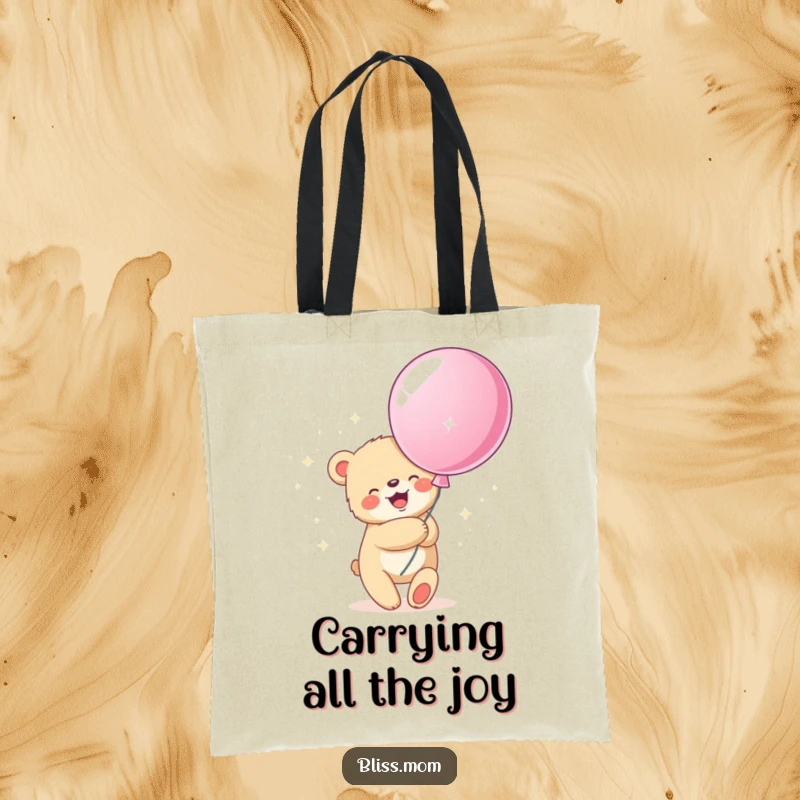 Funny tote bag showcasing a joyful bear cub hugging a giant, sparkly balloon, ideal for carrying essentials with cheer.