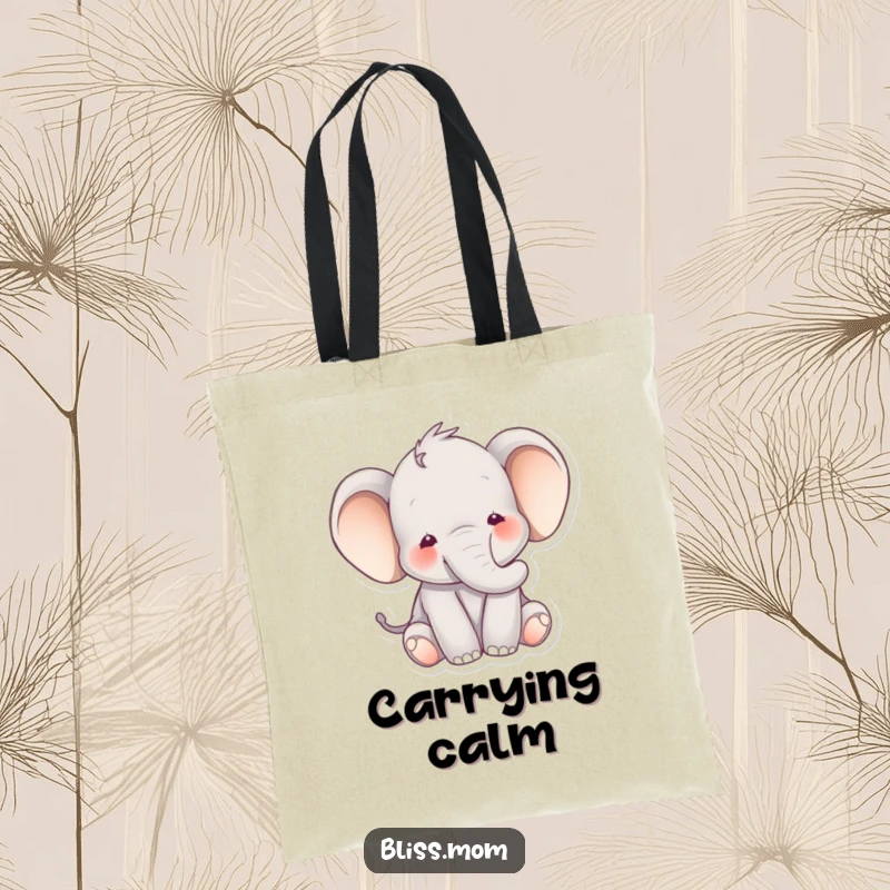 Funny elephant tote bag showing a happy elephant with a peaceful expression amidst soft hues, symbolizing calm and gentle companionship.