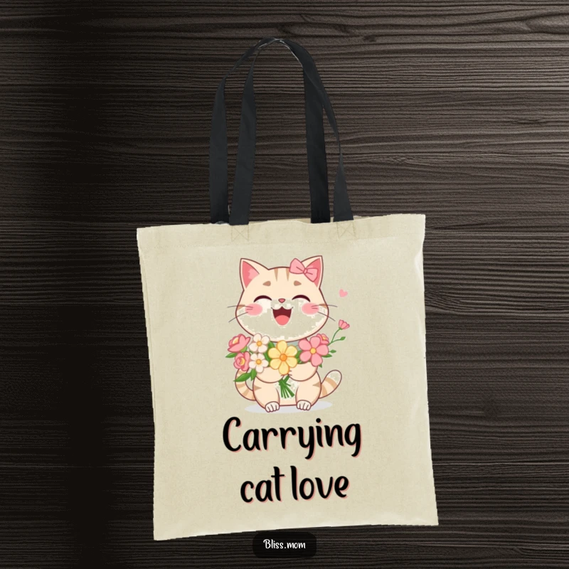 Funny Kawaii Cat Mom Tote Bag: A beaming cat mom laughs, holding a bouquet. Ideal for errands, this bag is a humorous feline statement.