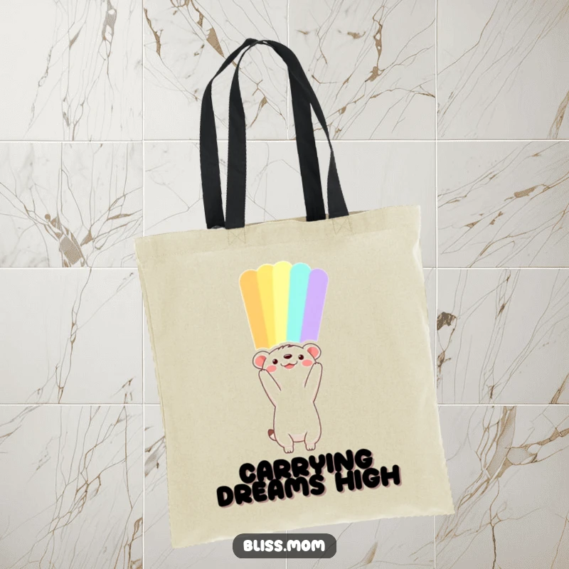 Funny animal tote bag reaching towards a vibrant rainbow, an inspirational and cheerful accessory for everyday use.