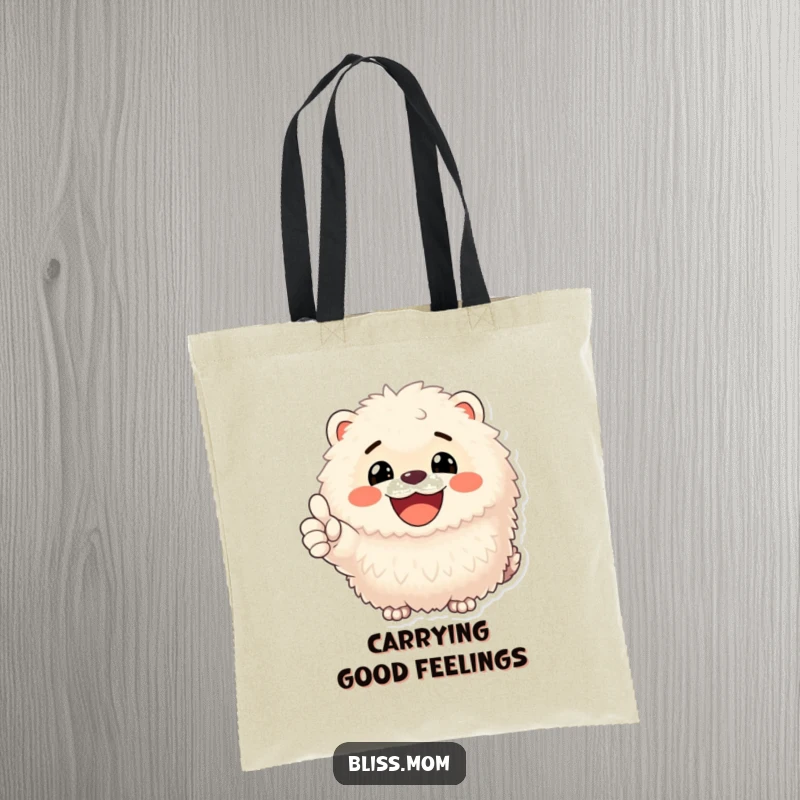 Funny tote bag depicting a fluffy animal with a wide, happy smile and a positive thumbs up, perfect for daily use.