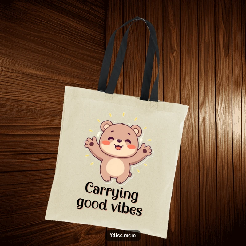 Funny bear tote bag showing a smiling bear embracing a radiant aura, perfect for carrying essentials with a positive and cheerful attitude.