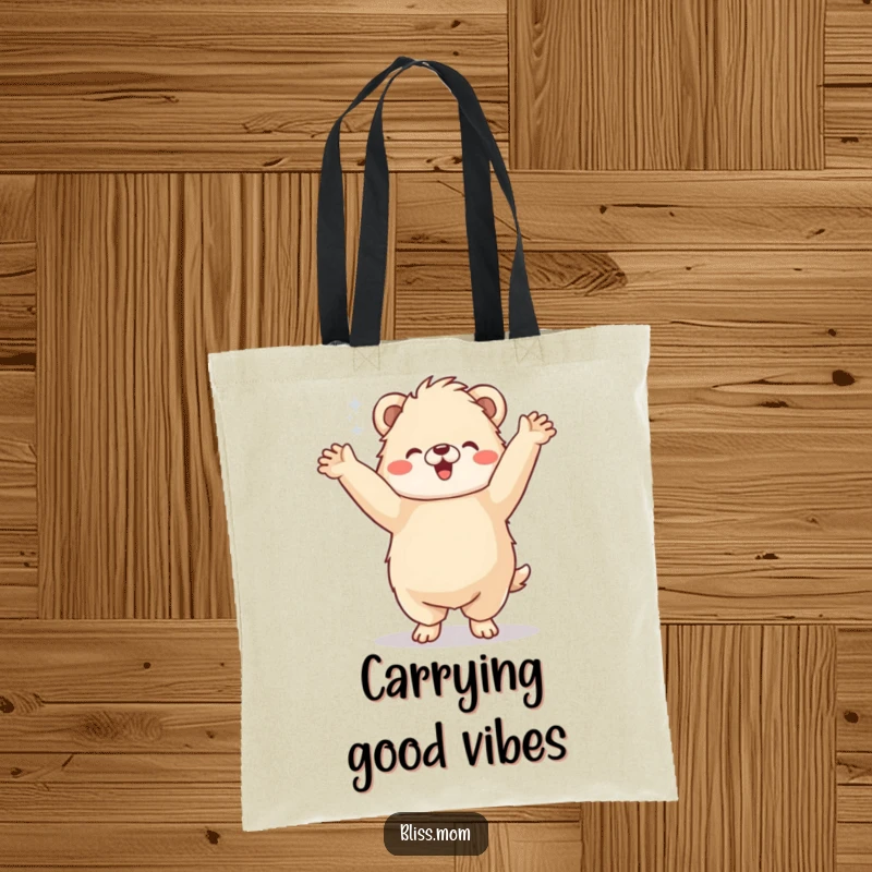 Funny Tote Bag: A fluffy animal does a happy jig with arms in the air, making hydration hilarious and fun.