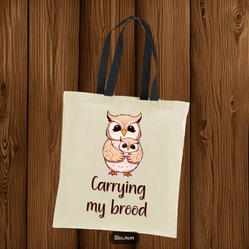 Funny Mother Owl tote bag showing a happy mom owl being hugged tightly by its adorable owlet.