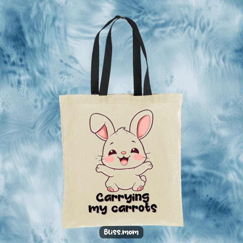 Funny joyful kawaii bunny with floppy ears bouncing excitedly, cute rabbit tote bag, practical and charming, perfect funny gift.
