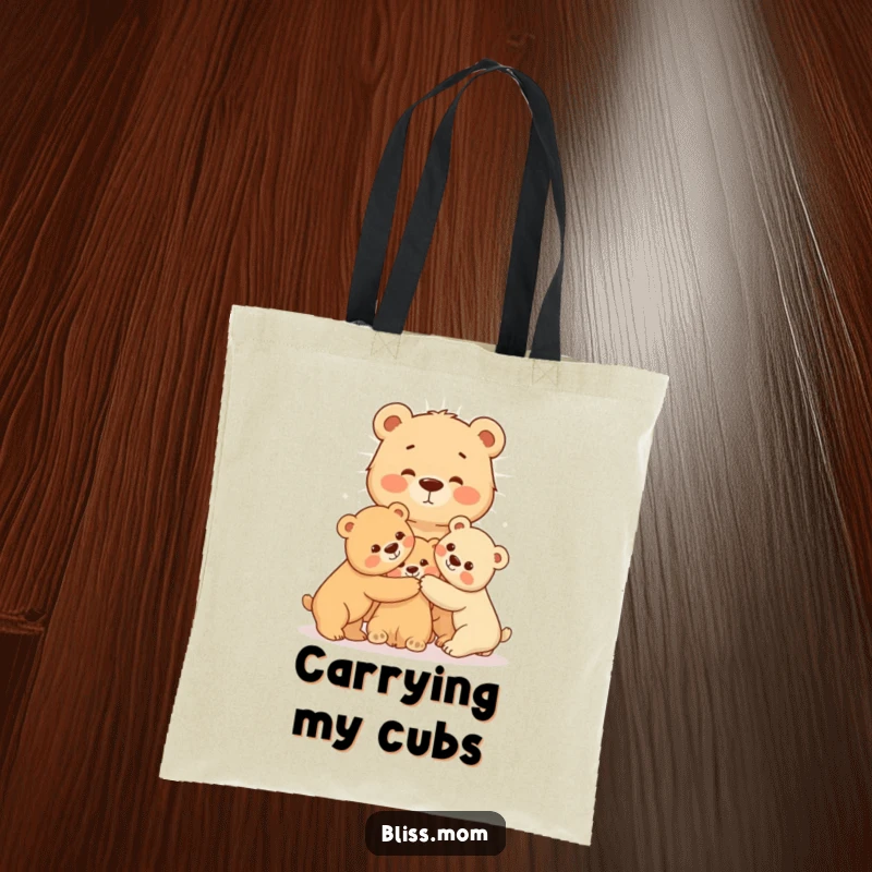 A tote bag depicting a radiating mama bear sharing a warm hug with her cubs, symbolizing love and protection.