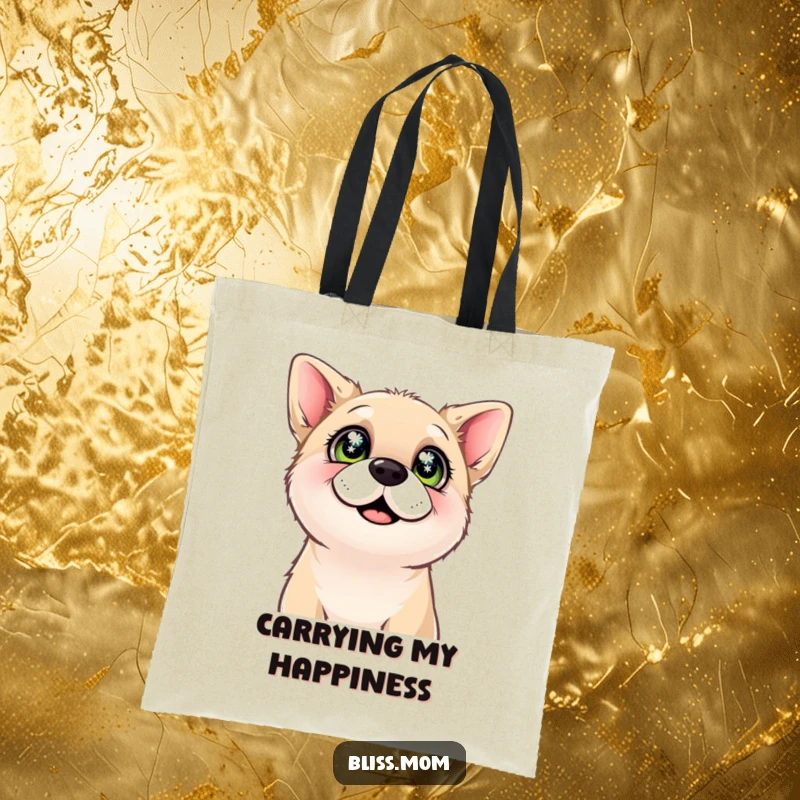 Funny tote bag depicting a content dog looking upwards with bright, sparkling eyes, symbolizing pure joy and unwavering loyalty.